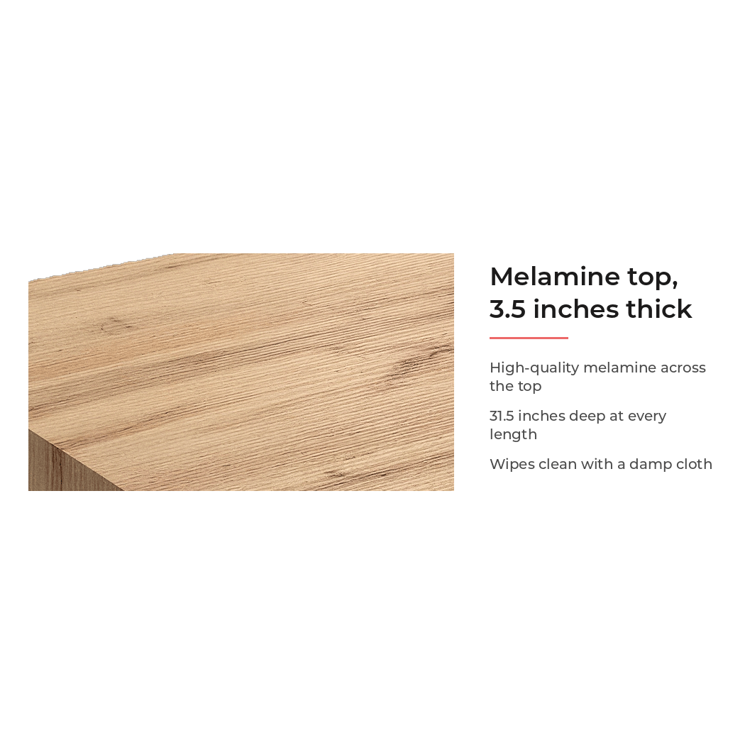 Spec card for the 3.5-inch melamine top, 31.5 inches deep (feature callout)