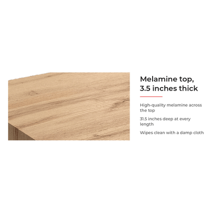 Spec card for the 3.5-inch melamine top, 31.5 inches deep (feature callout)