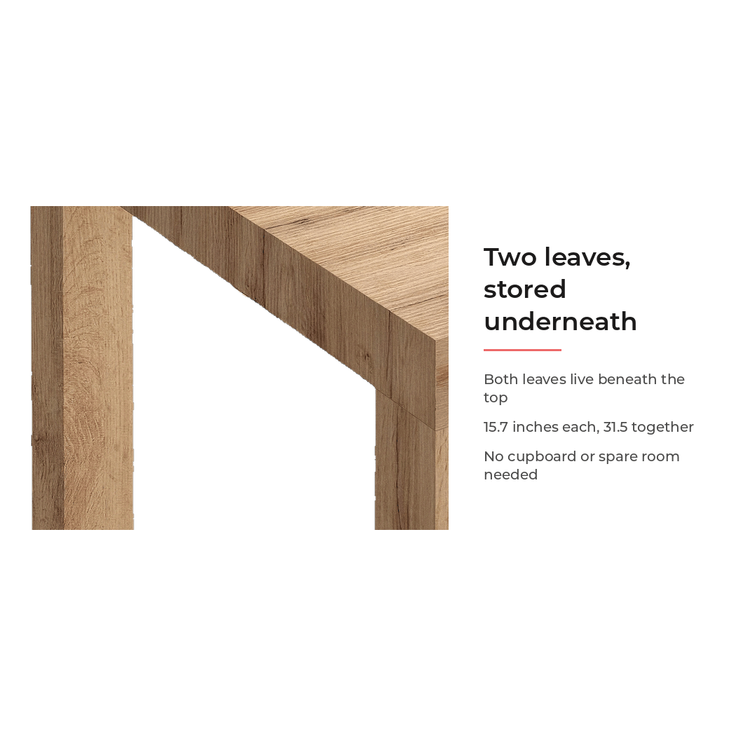 Spec card for the two 15.7-inch leaves stored beneath the top (feature callout)