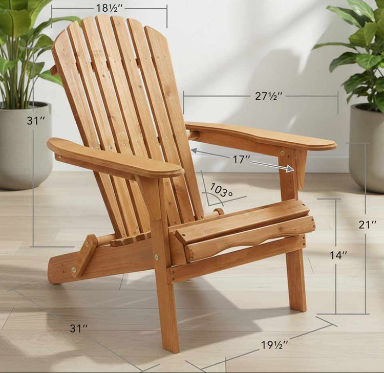 Lightweight and sturdy Hemlock wood Adirondack chair pair featuring a classic slatted back and easy-fold mechanism for outdoor relaxation.