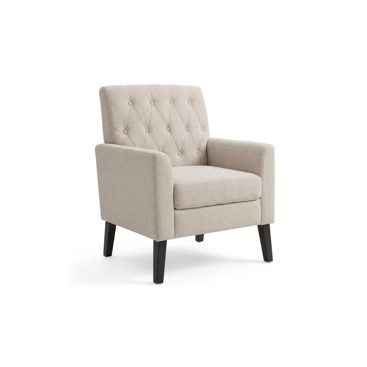 Linen accent chair with button tufting and dark wood legs, three-quarter view (plain studio)
