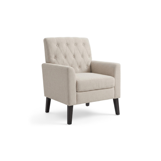 Linen accent chair with button tufting and dark wood legs, three-quarter view (plain studio)