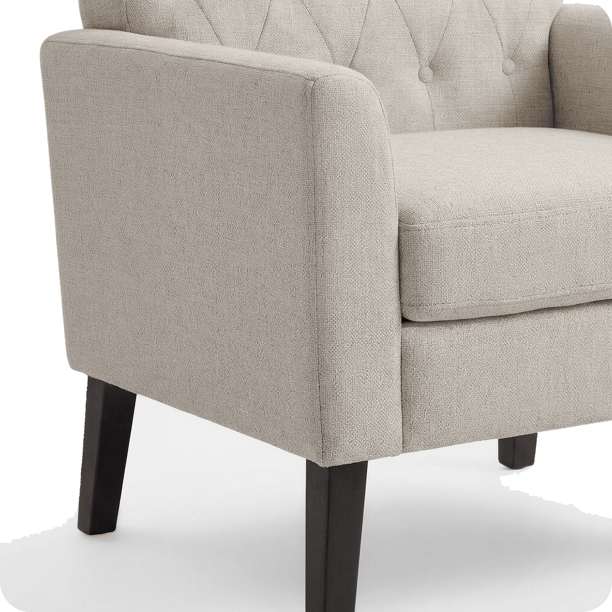 Flared linen armrest of the tufted accent chair (close-up detail)