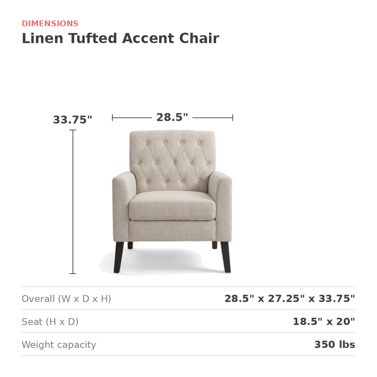 Linen tufted accent chair dimensions 28.5 by 27.25 by 33.75 inches (dimensions)