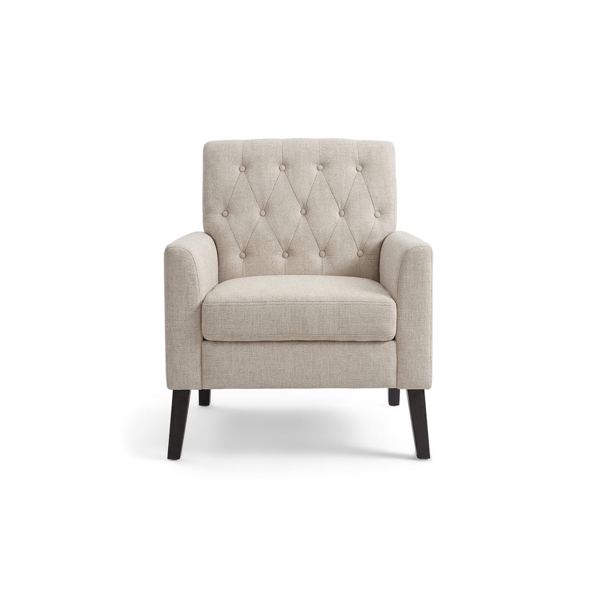 Linen accent chair with button tufting and dark wood legs, front view (plain studio)