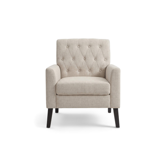 Linen accent chair with button tufting and dark wood legs, front view (plain studio)