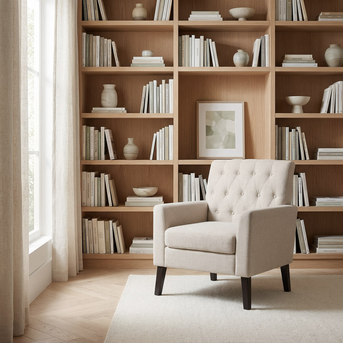 Linen button tufted accent chair in a bright home library nook