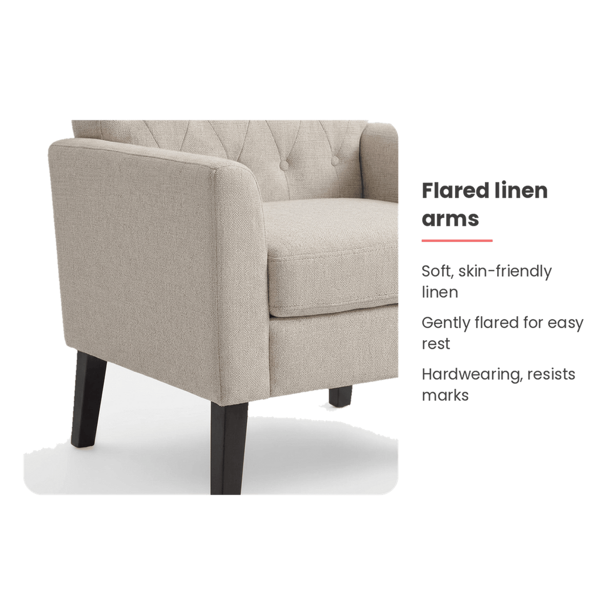 Flared armrest spec card (feature callout)