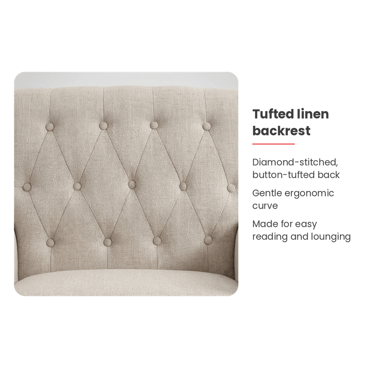 Button-tufted backrest spec card (feature callout)