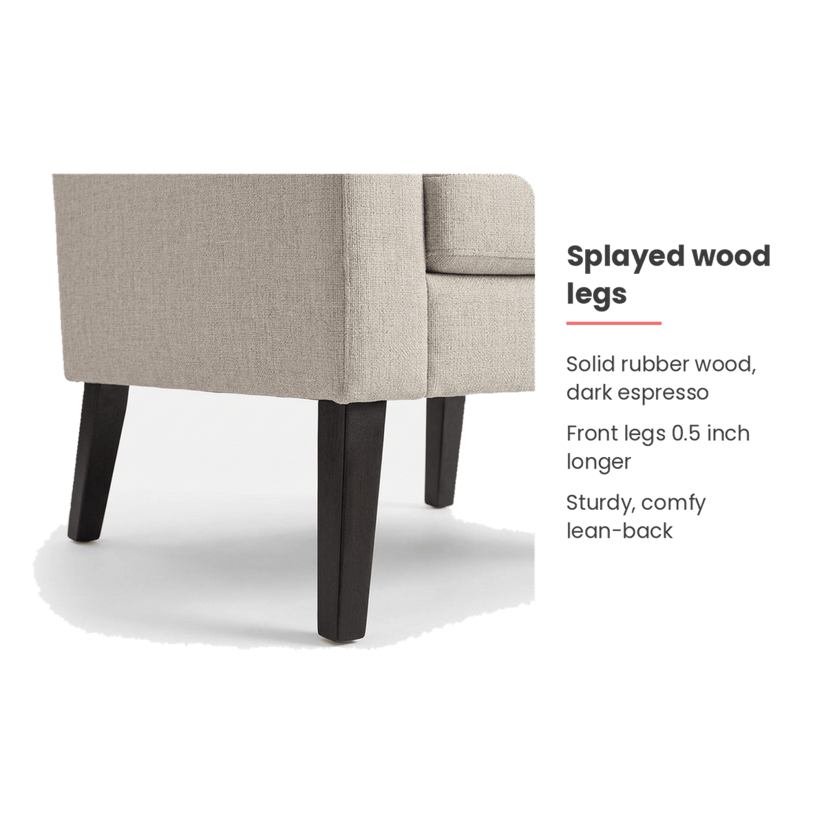 Splayed rubber wood legs spec card (feature callout)