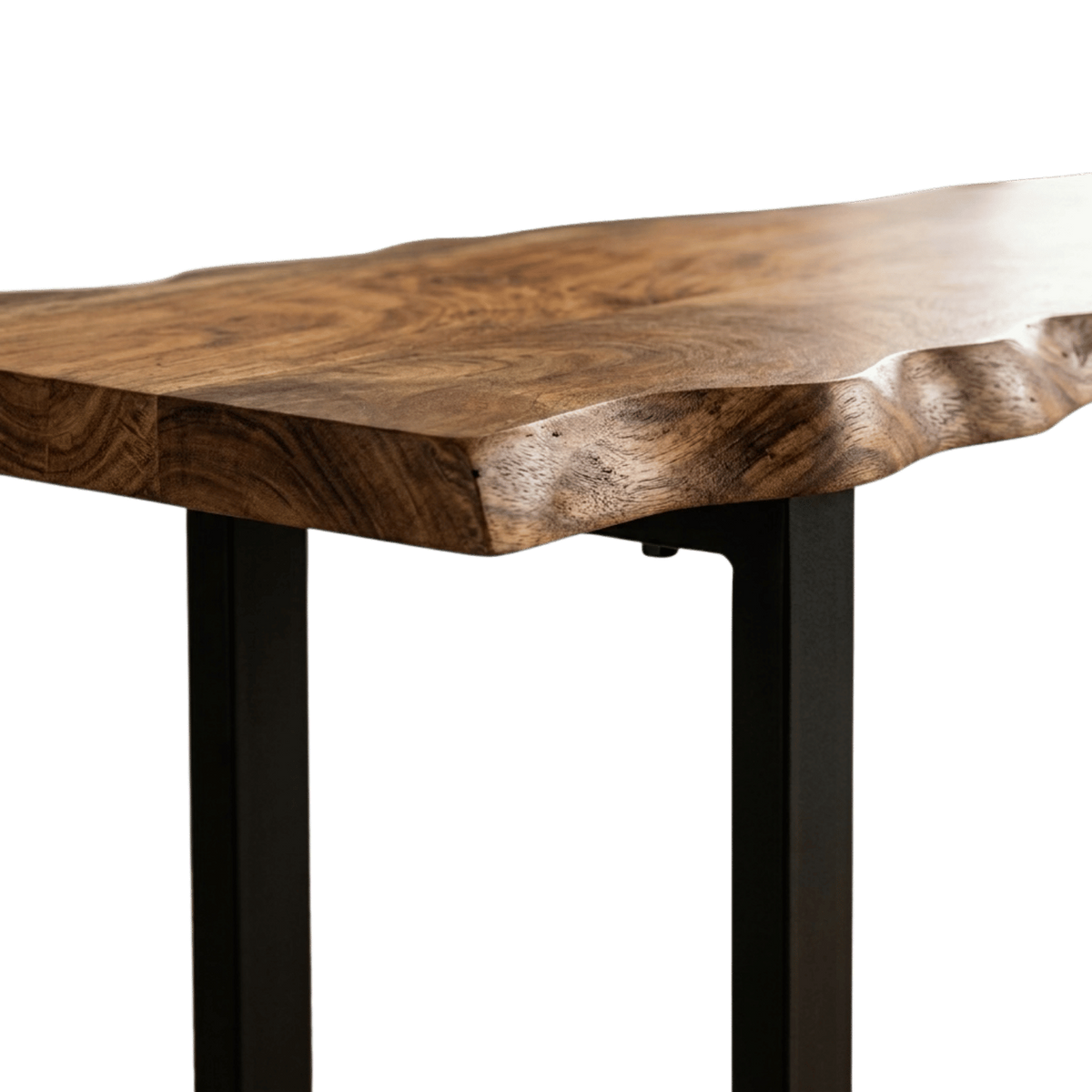 Close-up of the acacia top's natural edge and grain where it meets the black steel leg (close-up detail)