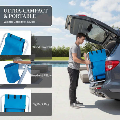 A man loading a folded blue high-strength beach chair into a car trunk, demonstrating its compact size and (feature callout)