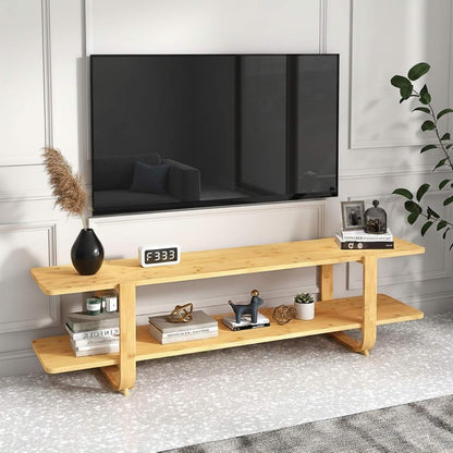 65-inch bamboo media stand with two-tier shelves and storage in warm burlywood finish beneath a wall-mounted TV.