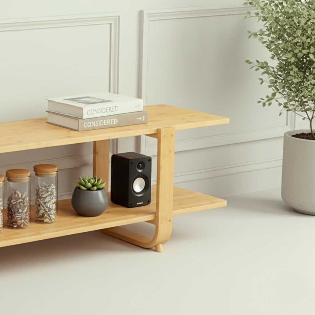 Low-profile two-tier bamboo TV storage unit with a warm burlywood finish, designed to support 65-inch televisions in small living spaces.