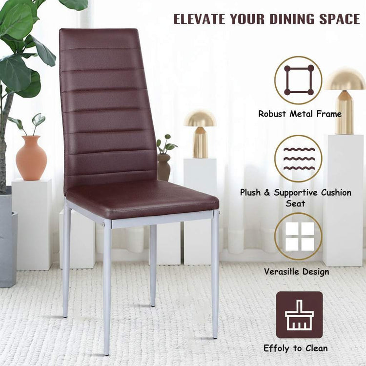Modern dining chair set of 4, high-back brown PVC upholstery with metal frame and cushioned seat
