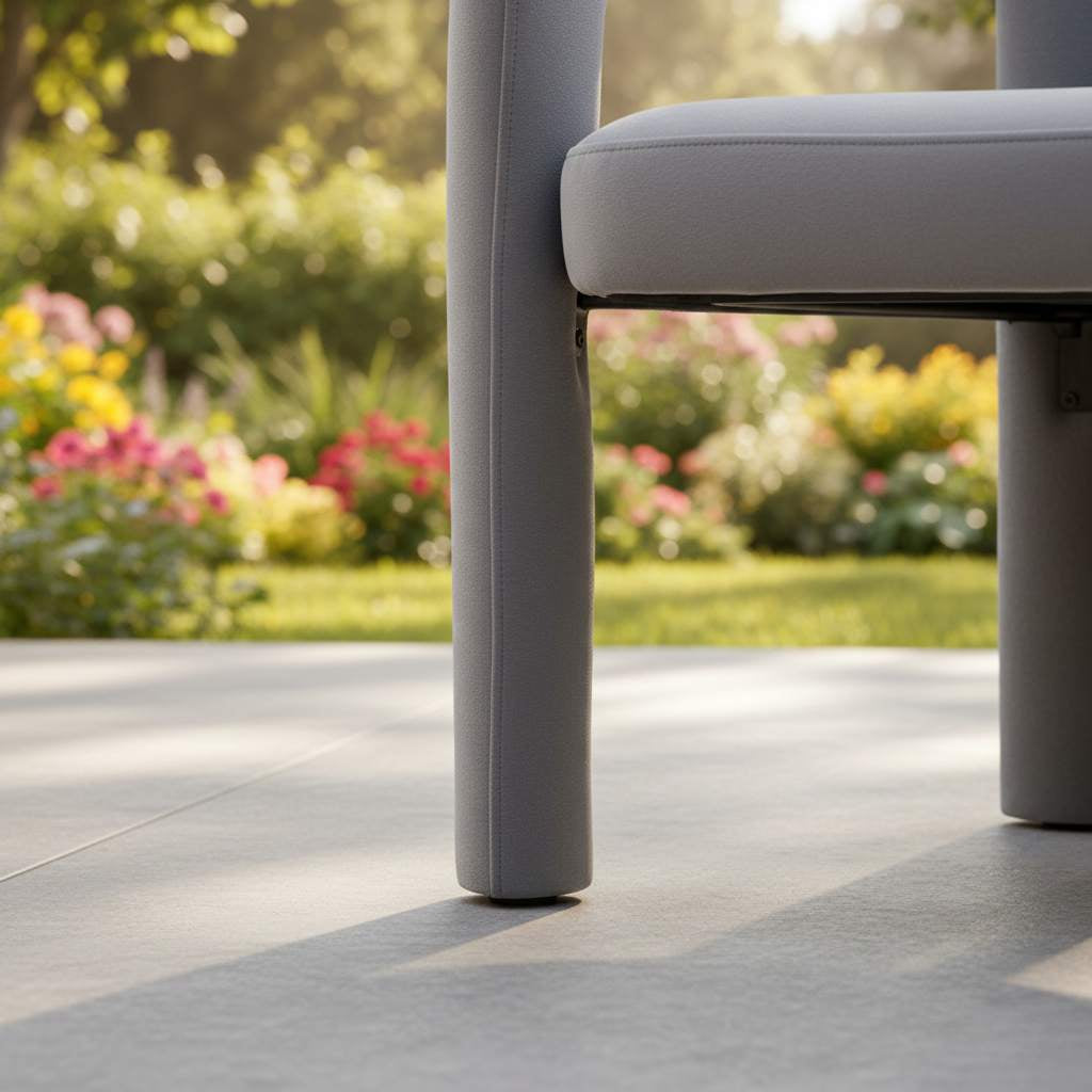 Gray velvet dining armchair leg with curved seat on a sunny outdoor patio.
