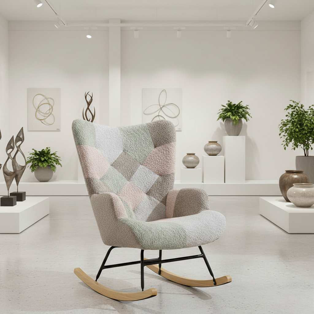 Vibrant macaron pastel outdoor rocking chair with swivel functionality and a plush patchwork quilted seat; features a natural wood rocker frame.