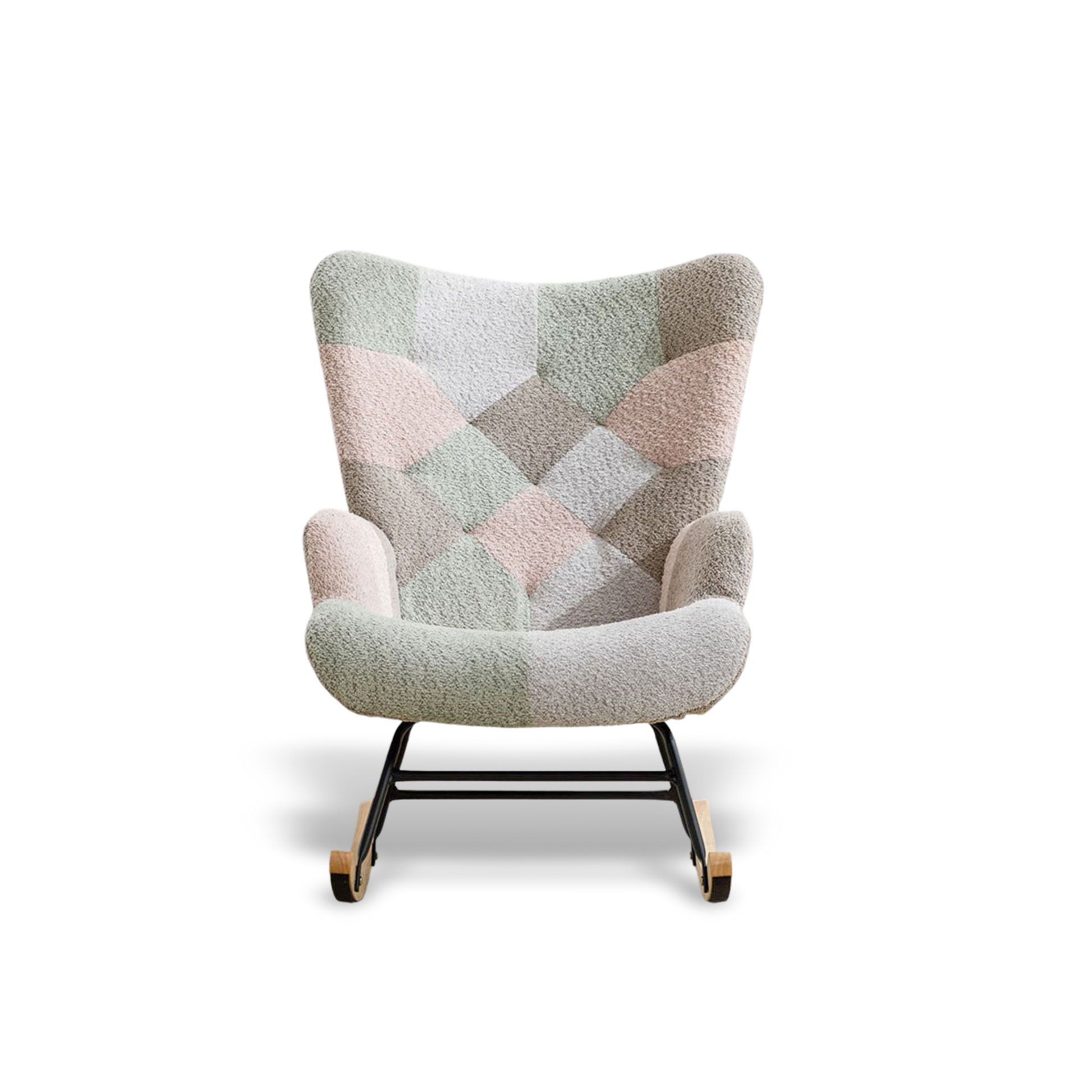 Macaron Patchwork swivel rocker outdoor chair with pastel quilted upholstery and wooden rockers.