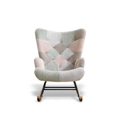 Macaron Patchwork swivel rocker outdoor chair with pastel quilted upholstery and wooden rockers.