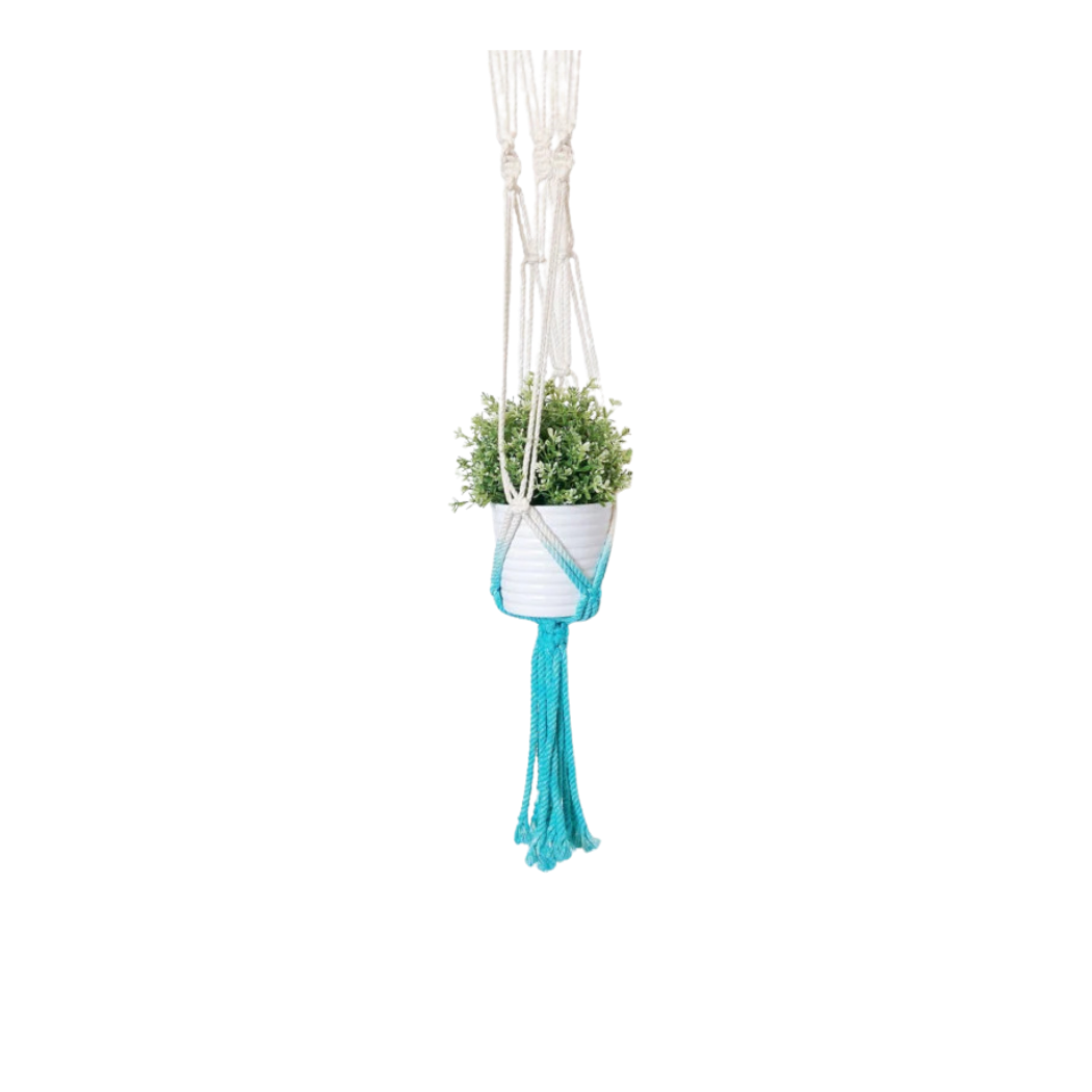 Aquamarine dip dye macrame plant hanger handmade in Canada holding a white ribbed pot, front view (plain studio)