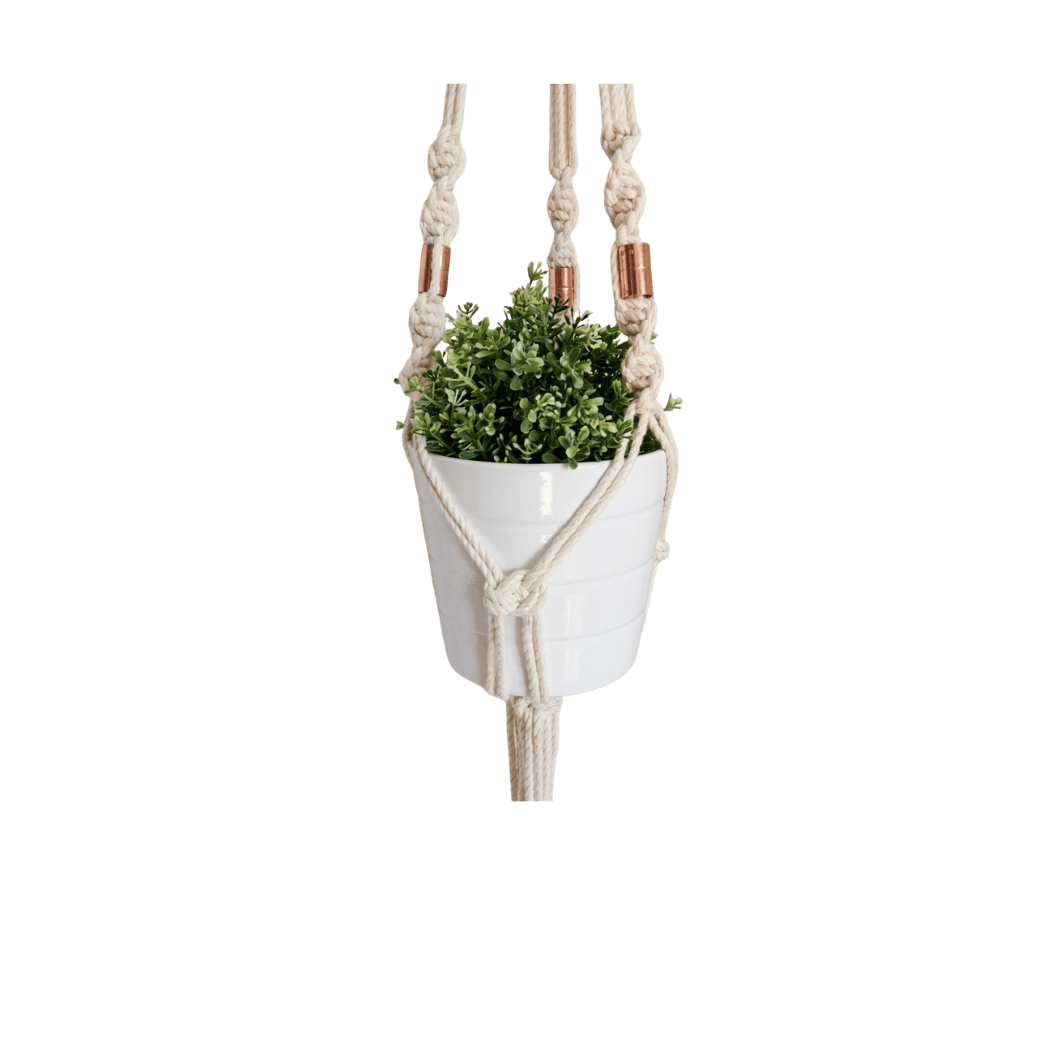 Macrame plant hanger in Ontario cotton rope with copper accents, holding a white pot, front view (plain studio)