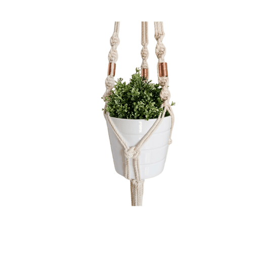 Macrame plant hanger in Ontario cotton rope with copper accents, holding a white pot, front view (plain studio)