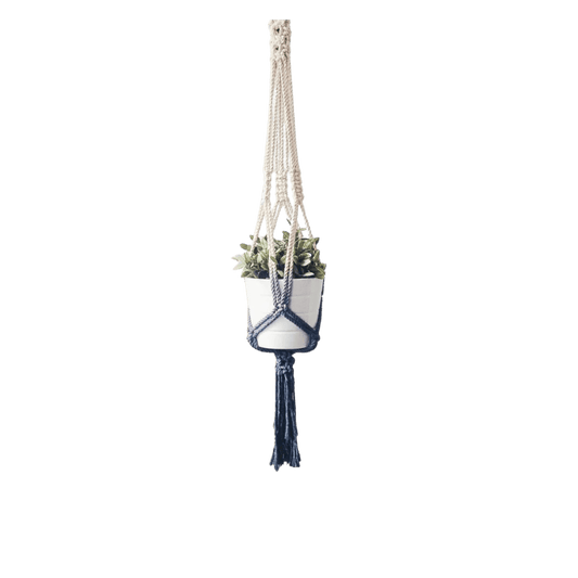 Dip dyed macrame plant hanger in premium cotton with a navy gradient and white pot, front view (plain studio)