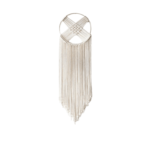 Macrame dreamcatcher wall hanging on a gilded brass hoop with long ivory fringe, front view (plain studio)