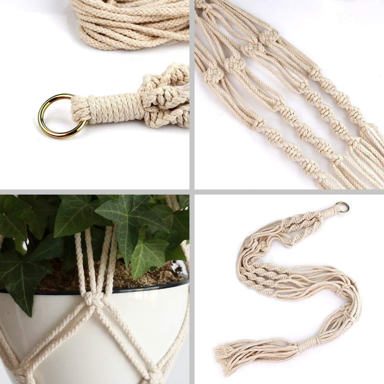 Collage of macrame plant hanger with knots and tassels on a white background