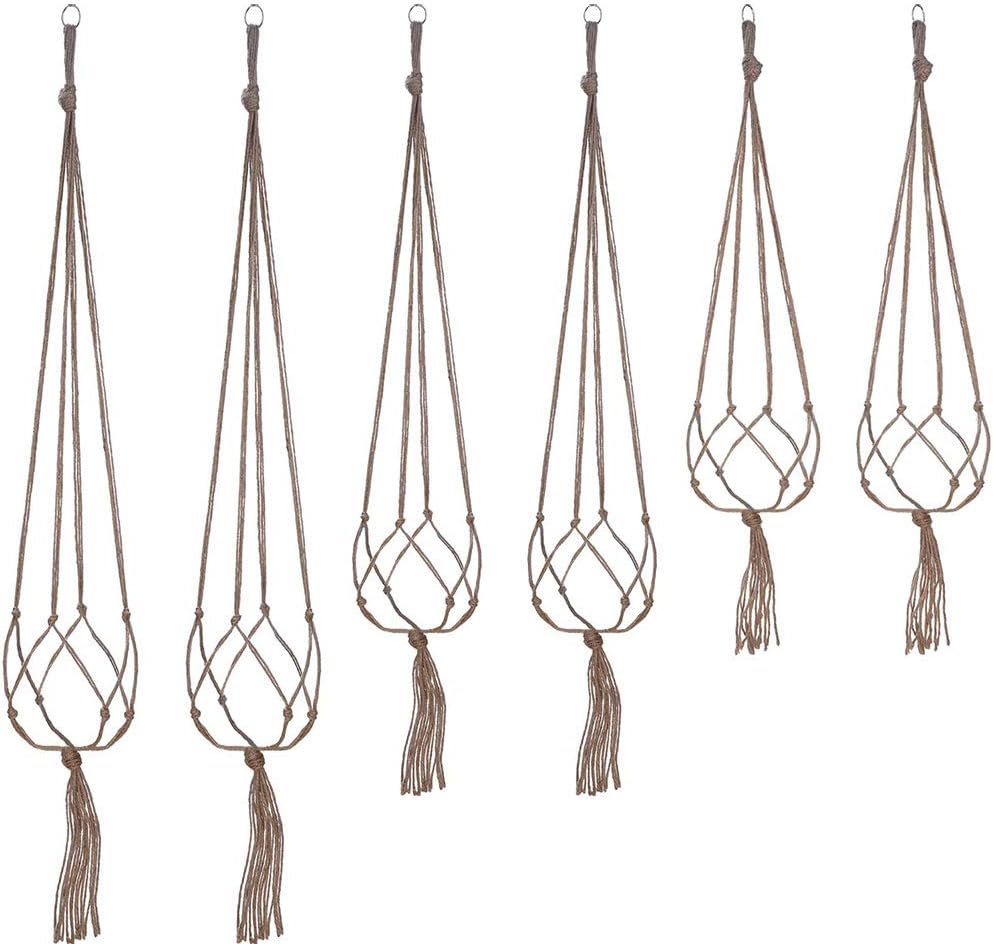 Set of six macrame plant hangers with tassels on a white background