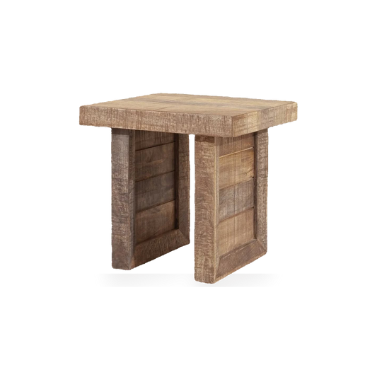 Mango wood butcher-block end table on a #f3f3f3 studio background