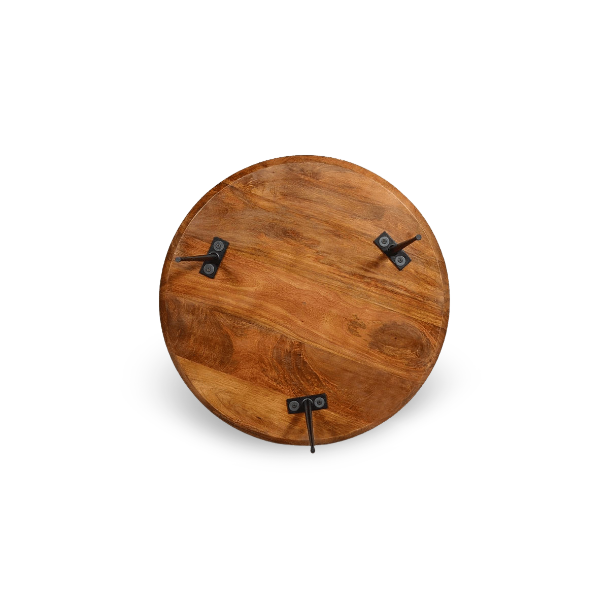 Top-down detail view of the organic wood grain on a round mango wood coffee table with industrial metal legs.