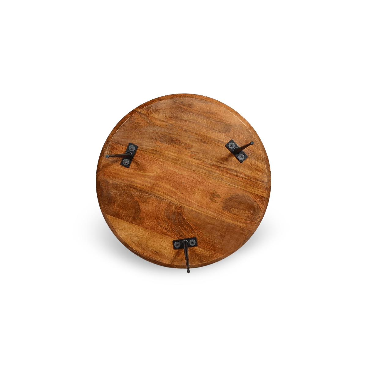 Top-down detail view of the organic wood grain on a round mango wood coffee table with industrial metal legs.