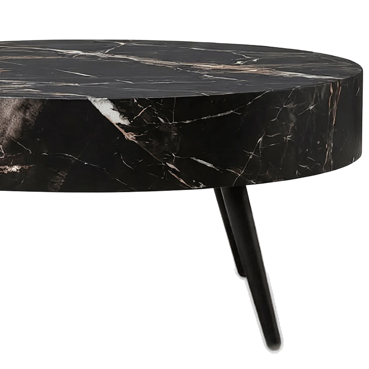 Thick black stone-pattern edge with white and rose veining above a slim black tapered leg (close-up detail)