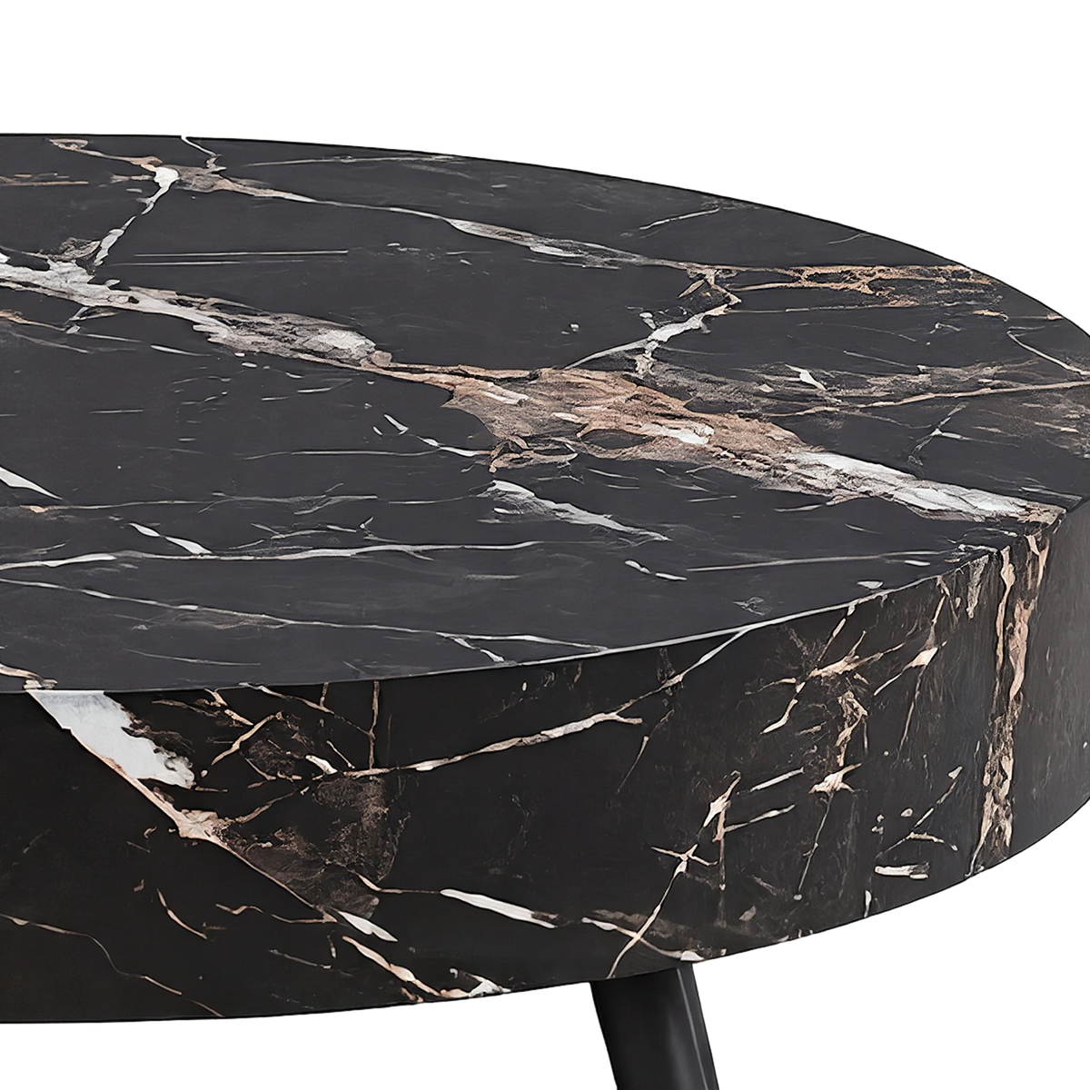 Top face of a black table with white, rose and gold veining over a thick edge (close-up detail)