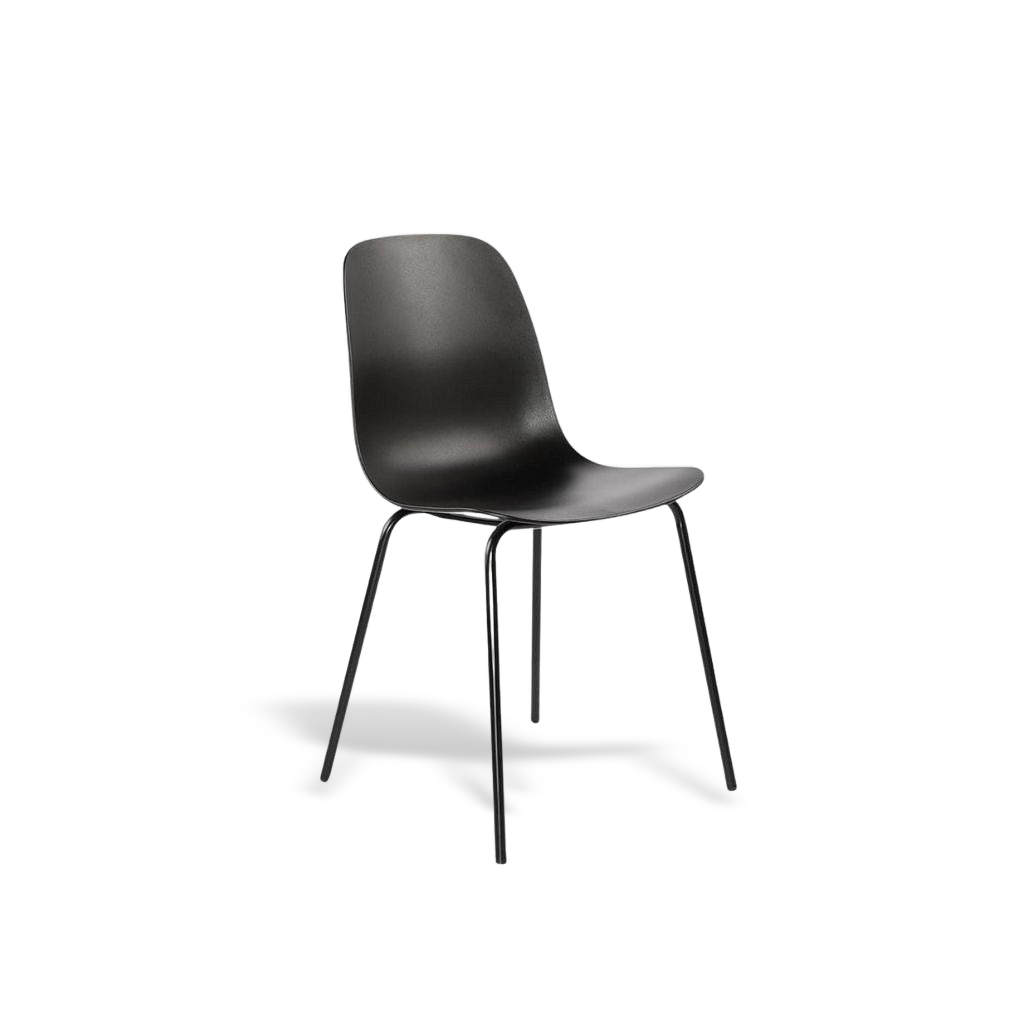 Matte black dining chair with curved back and slim metal legs, modern minimalist.