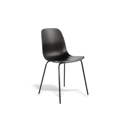 Matte black dining chair with curved back and slim metal legs, modern minimalist.