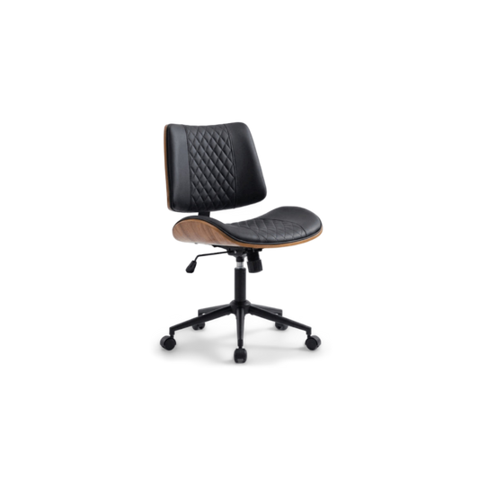 MCM office chair in black diamond-quilted PU leather with a walnut bentwood shell, front view