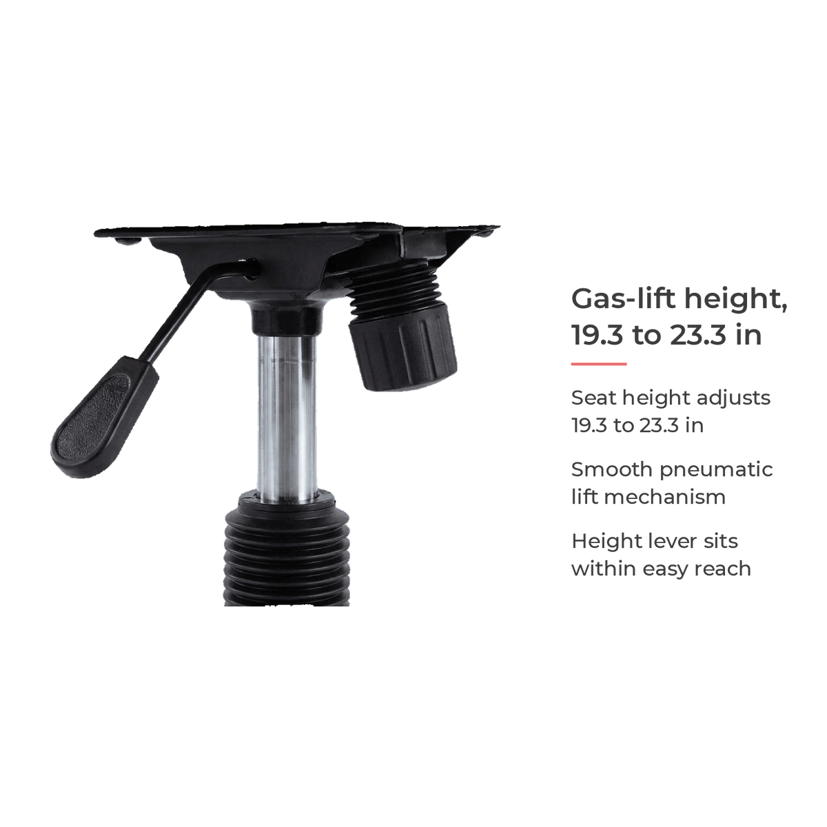 Spec card: gas-lift seat height 19.3 to 23.3 inches