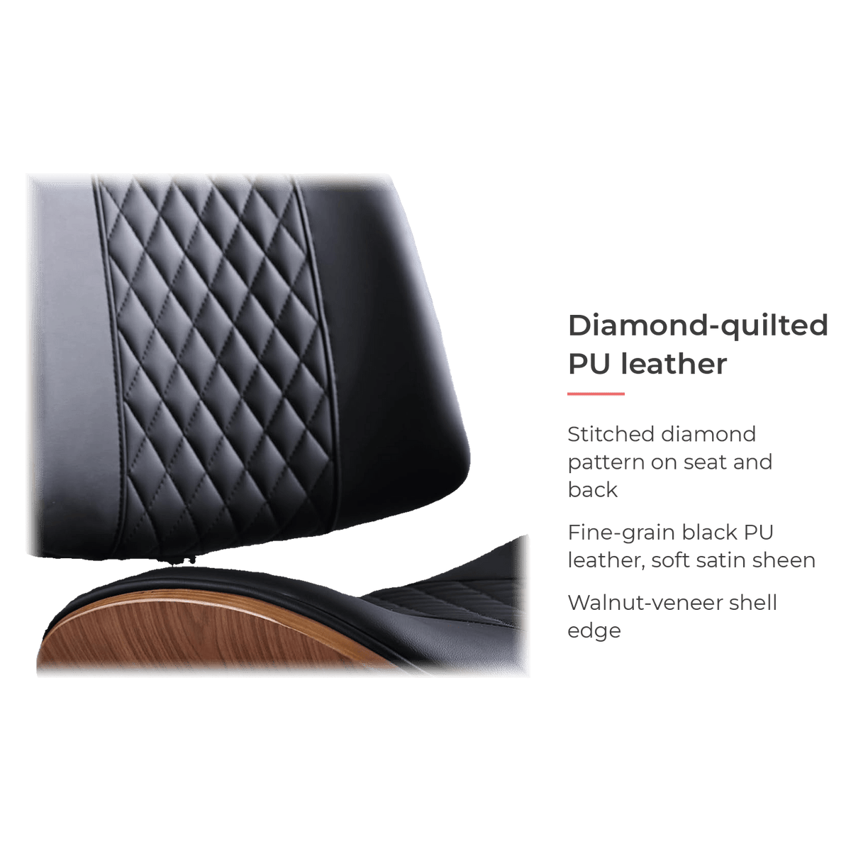 Spec card: diamond-quilted PU leather over a walnut-finish shell edge