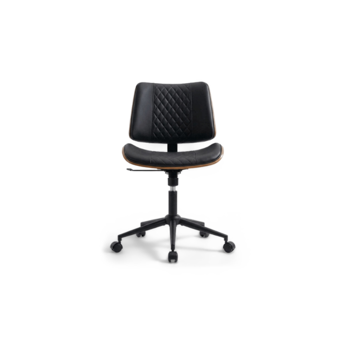 Black ergonomic office chair with curved walnut bentwood back and swivel base