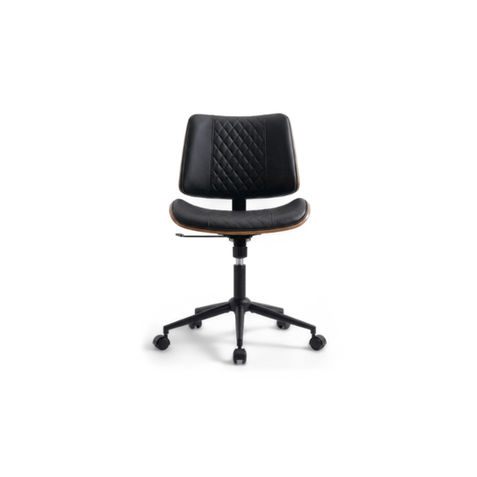 Black ergonomic office chair with curved walnut bentwood back and swivel base