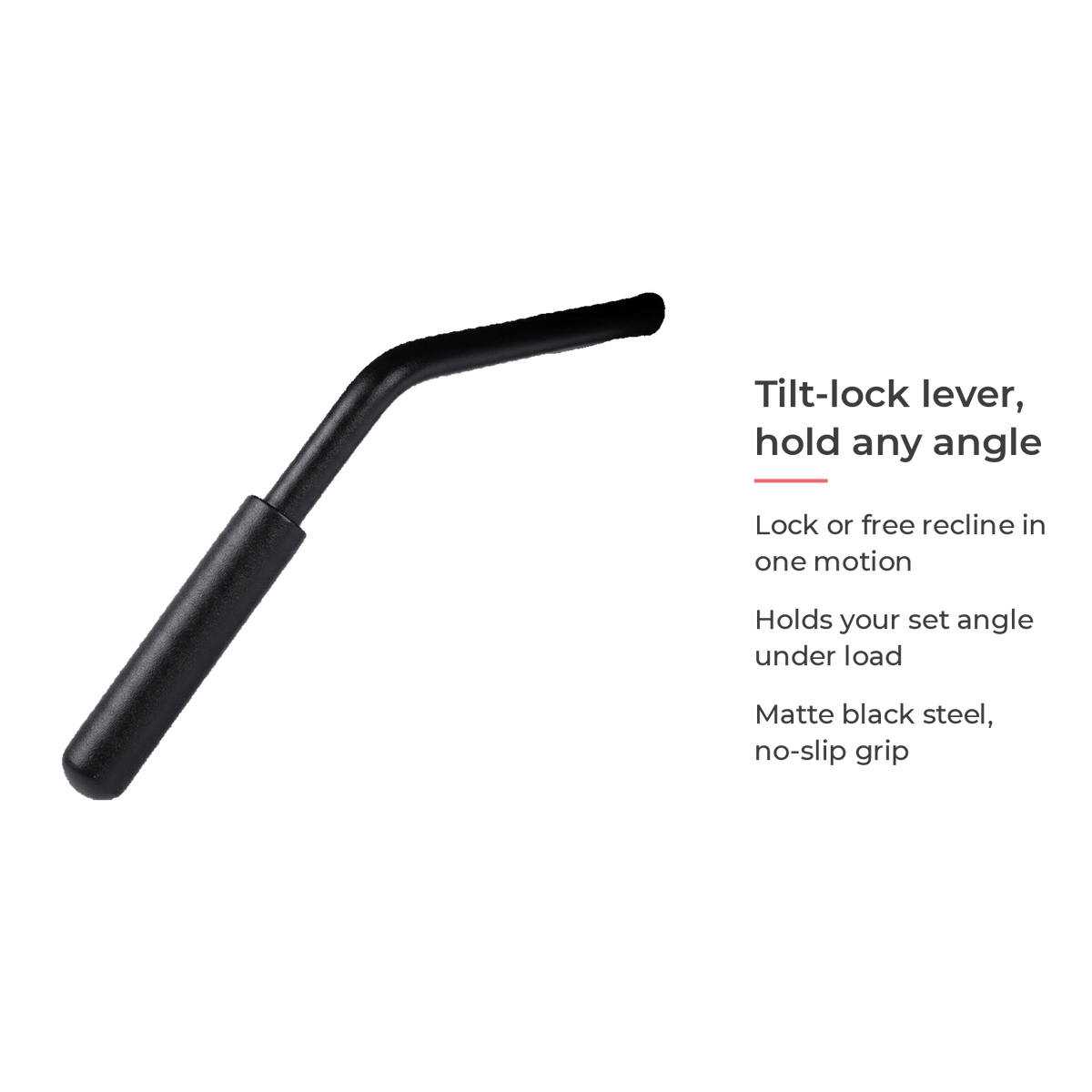 Spec card: tilt-lock lever holds any recline angle