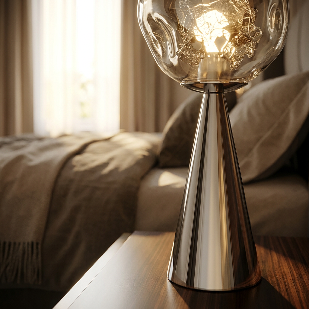 Melt table lamp — close-up detail of the globe-to-base junction, warm bedroom setting (close-up detail)