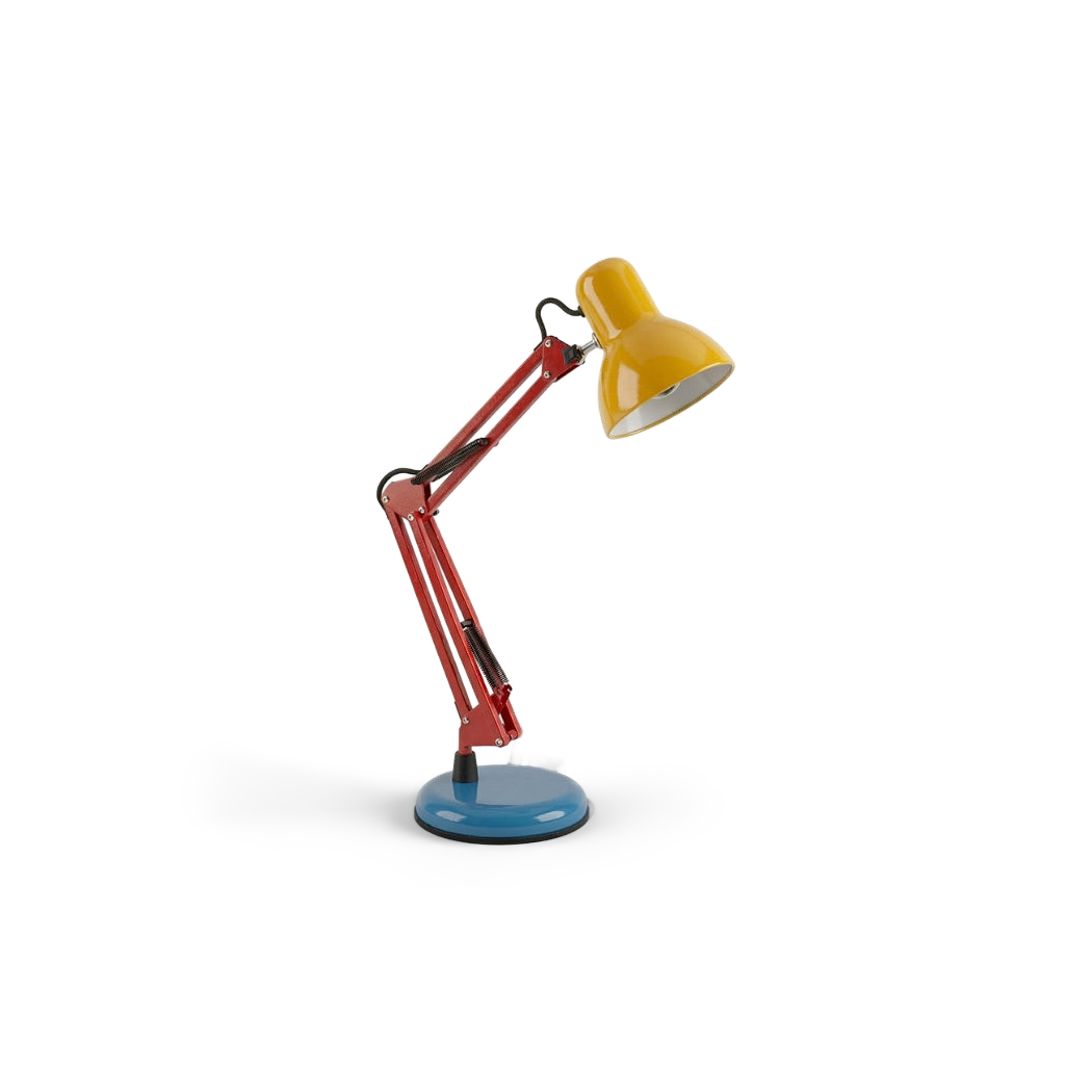 Memphis retro swing-arm desk lamp, front view, transparent (plain studio)
