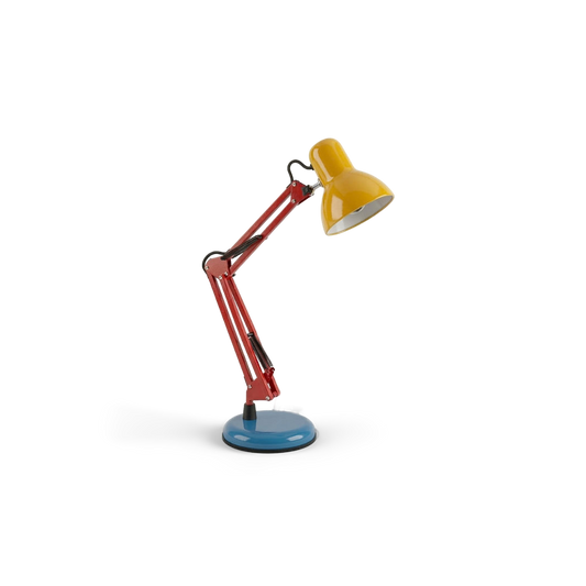 Memphis retro swing-arm desk lamp, front view, transparent (plain studio)