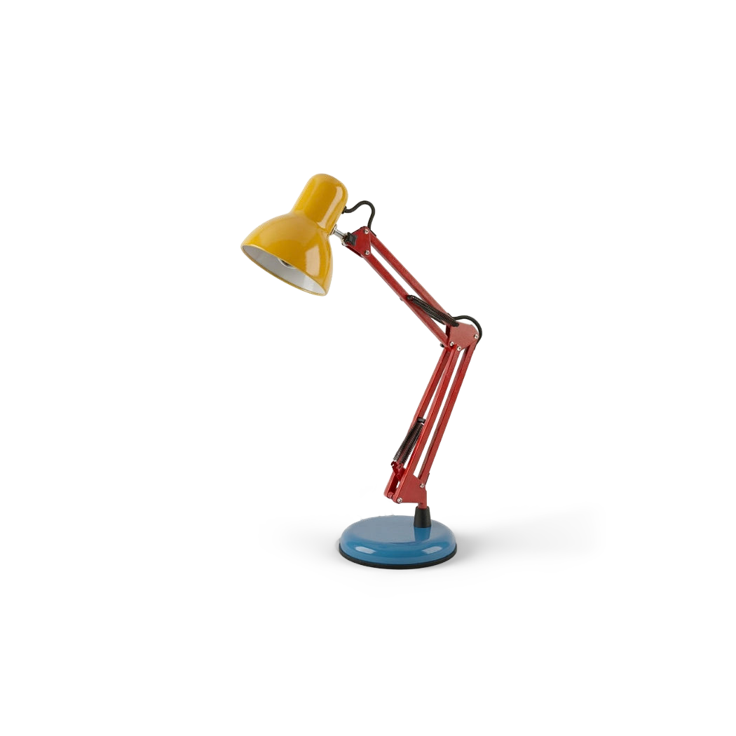 Memphis retro swing-arm desk lamp, rotated view, transparent (plain studio)