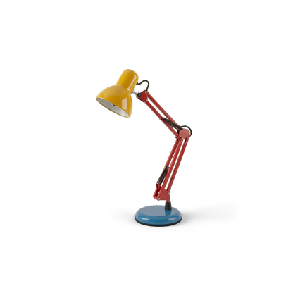 Memphis retro swing-arm desk lamp, rotated view, transparent (plain studio)