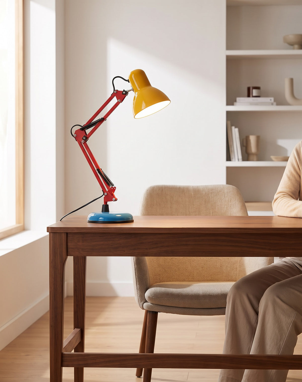 Memphis retro desk lamp on a home study desk, wide view (room)