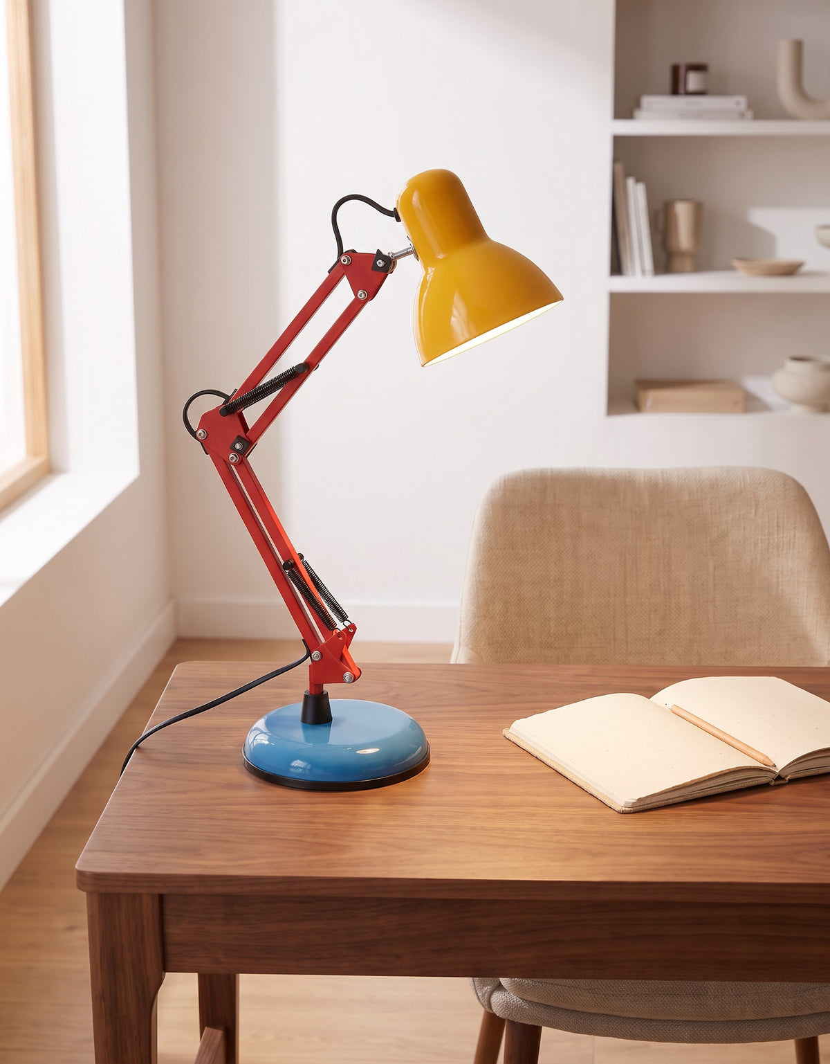 Memphis retro desk lamp on a home study desk, close angled view (room)